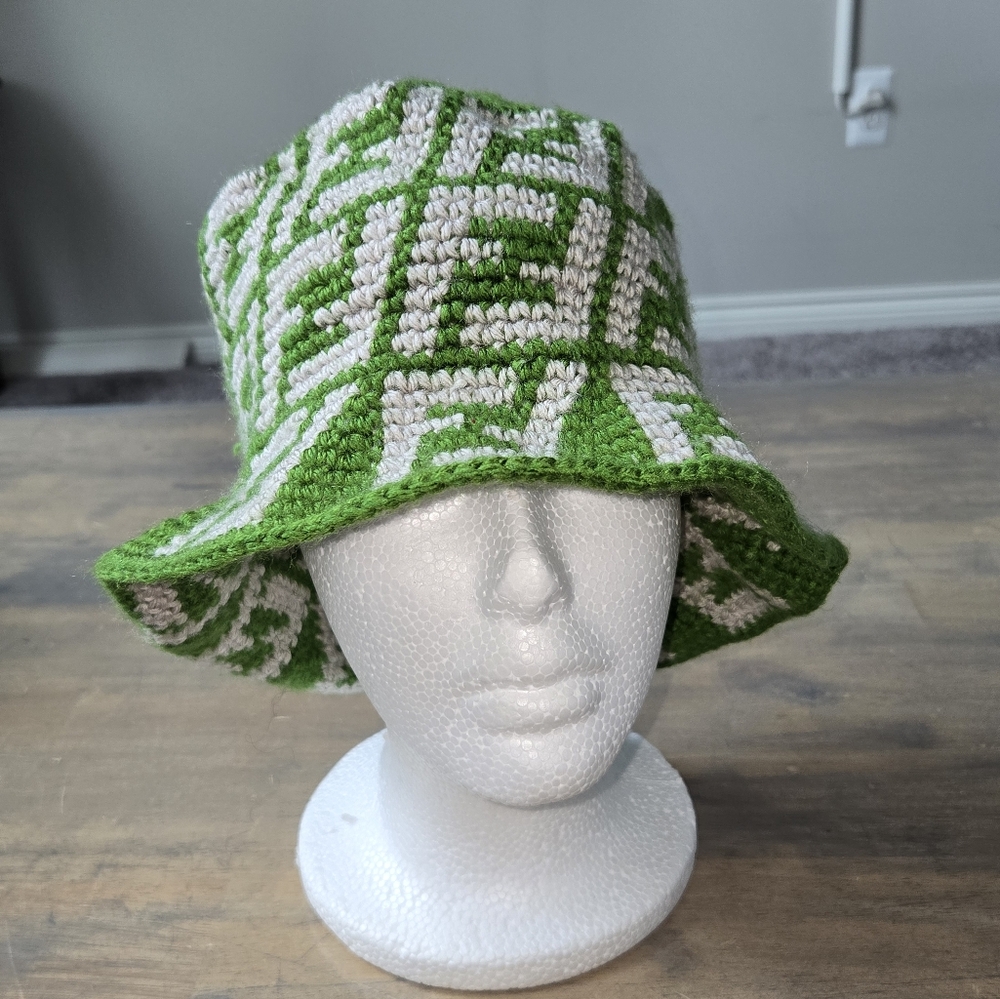 Green and Tan Patterned crochet  Bucket Hat